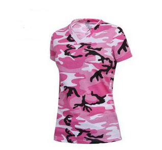 Pink womens' Long Length Camo V-Neck T-Shirt